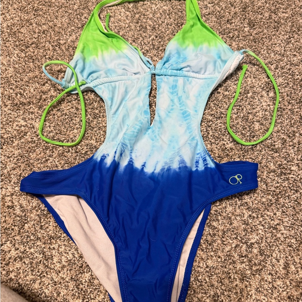 OP Light Blue One-Piece Swimsuit with Neon Green Straps